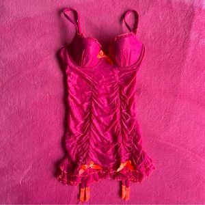 Victorias Secret 2010 Hot Pink Ruched Mesh With Neon Orange Bows Bustier Sz 34C